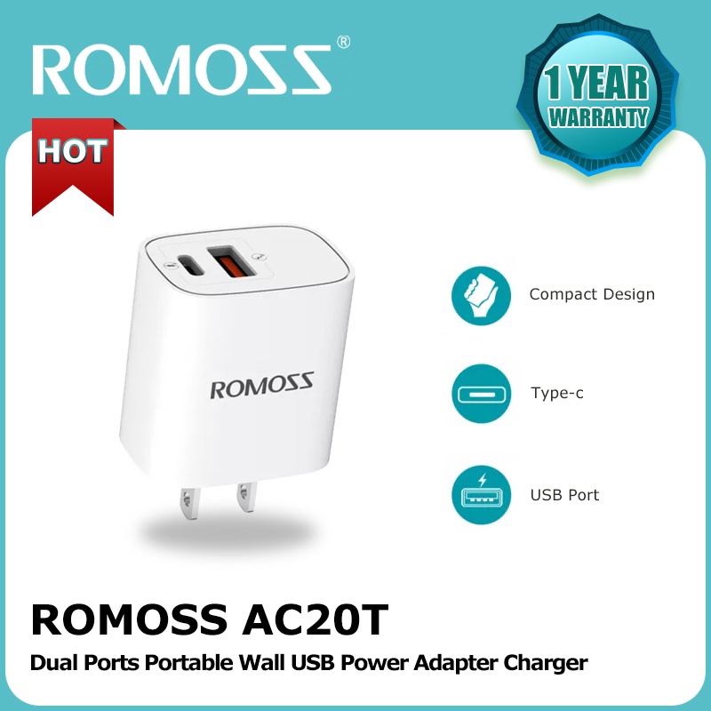 Romoss AC20T Charger PD20W 2 Port Quick Charge 3.0 TypeC/USB Adapter