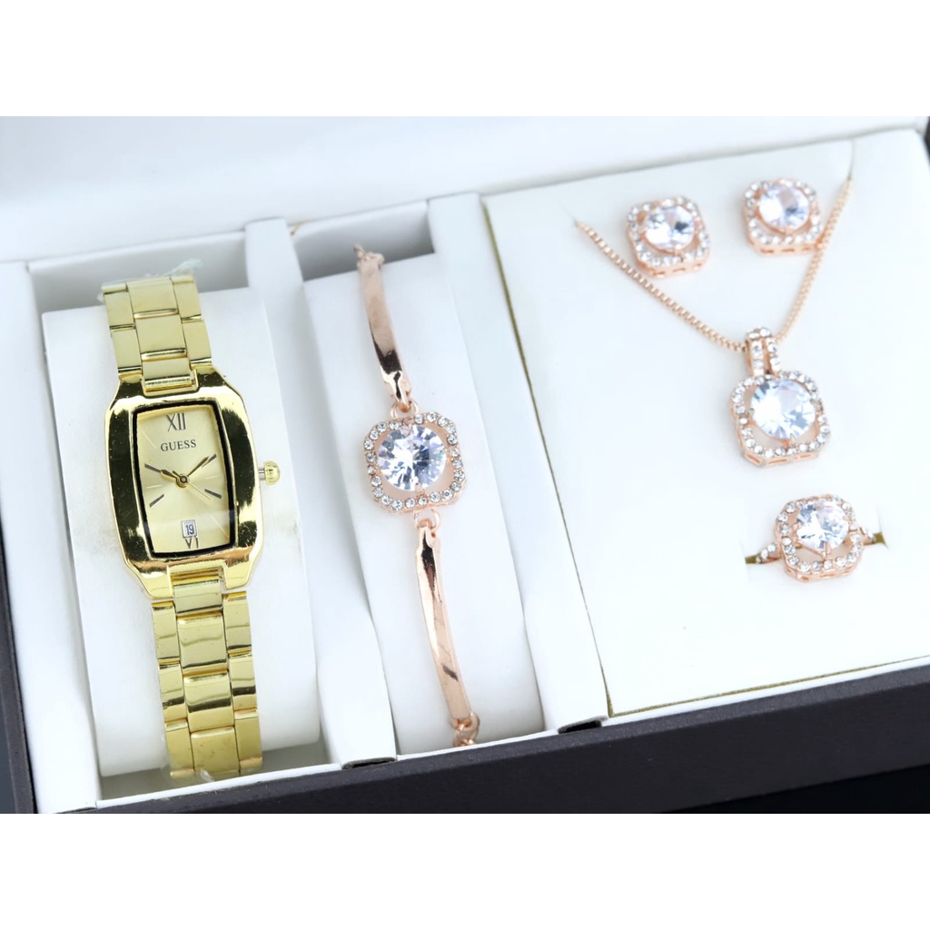 Jam tangan wanita Fullset Kalung Cincin Anting Dan Gelang Strap Rantai Tanggal Aktif