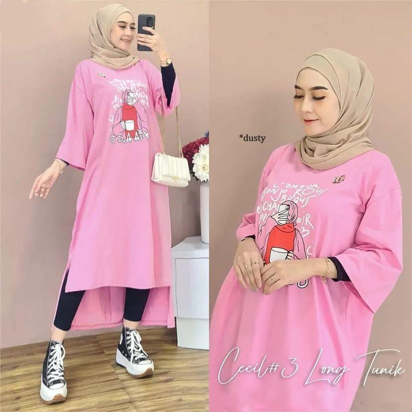 Long Tunik Terbaru Cecil long tunik #3 bahan kaos katun combed 24s Aplikasi sablon size s-xxl ld 90-120 cm Pakaian long tunik wanita model terbaru 2023 Baju atasan wanita lengan panjang Dress kaos katun oversize Gamis wanita warna milo , dusty , navy