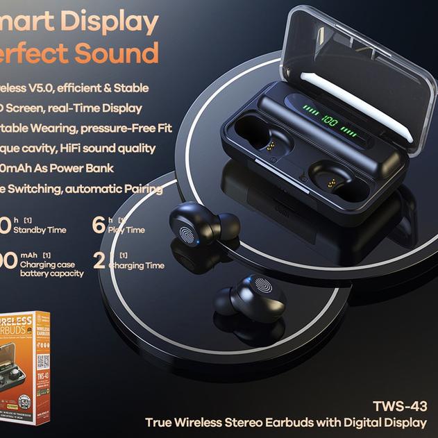 REMAX TWS-43 BLUETOOTH EARBUDS TRUE STEREO WITH DIGITAL DISPLAY