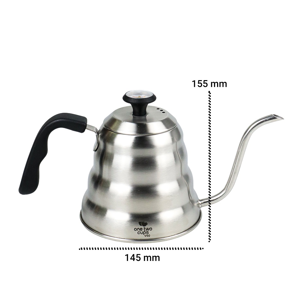 One Two Cups Coffee Maker Pot V60 Drip Kettle Teko Barista 1155ml with Thermometer - Silver