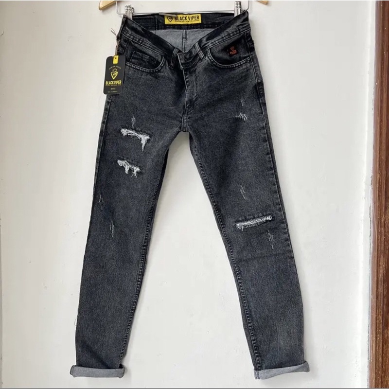 Celana jeans sobek pria black viper