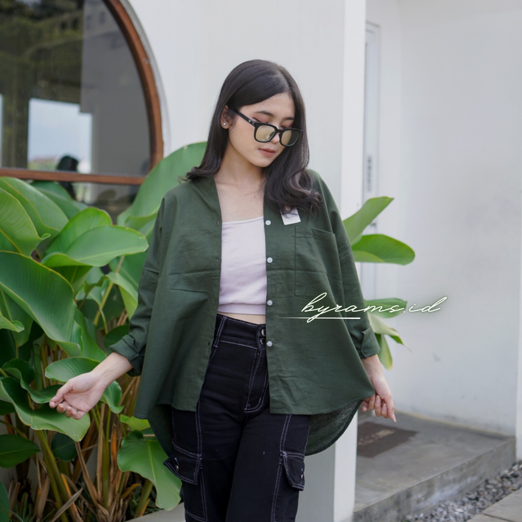 Kemeja Wanita Oversize Linen Olivia Shirt Linen Pocket Oversize-ARMY