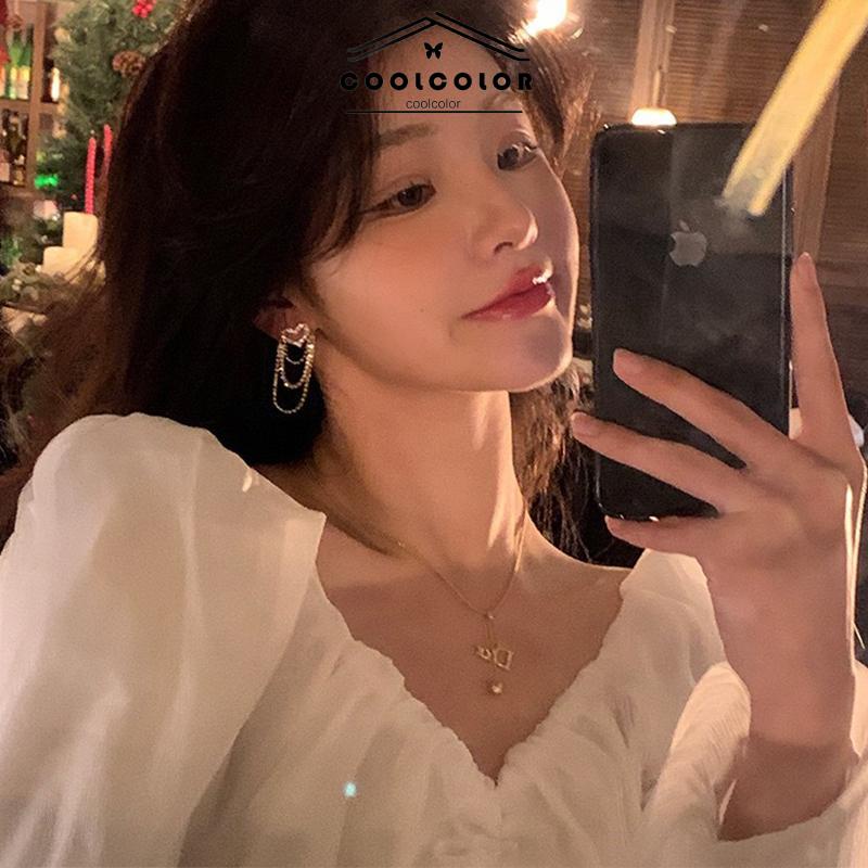 COD❤️Anting rumbai Korea Rhinestone Berbentuk Hati Earrings Anting Tindik Perhiasan Wanita Fashion Murah Hadiah Perhiasan- cl