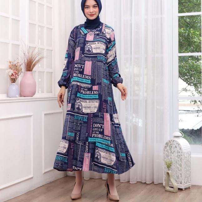 MIDI DRESS RAYON BANYAK MOTIF BUNGA ADEM MUSLIMAH LONG TUNIK SALUR - Cerita Putih