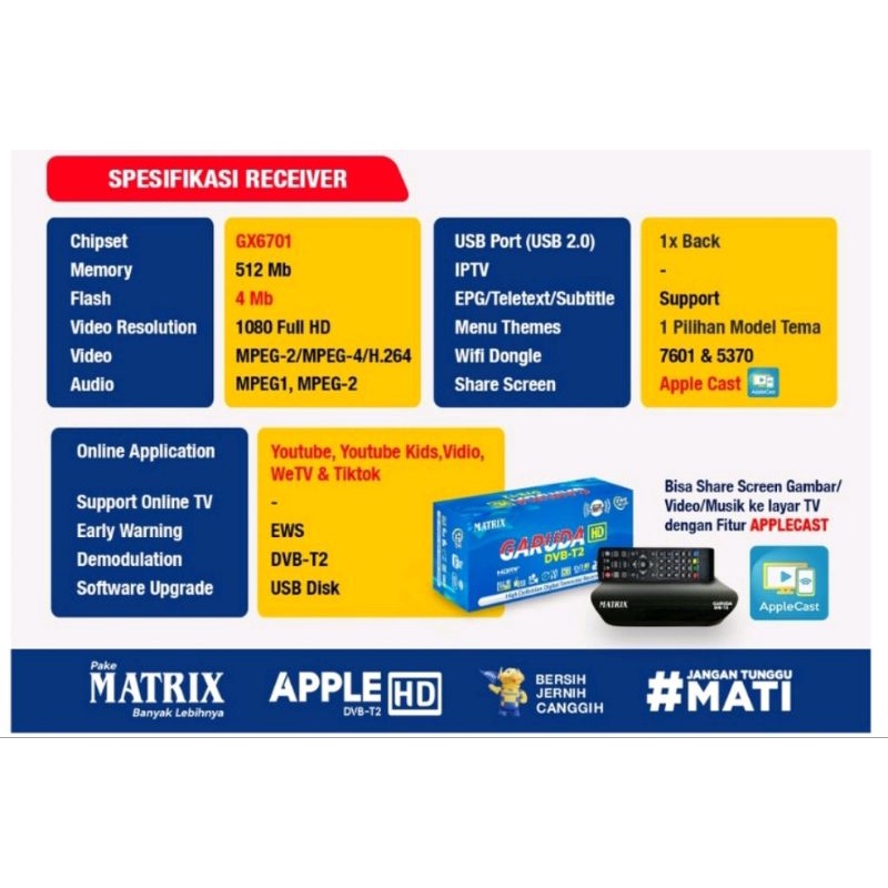 Matrix Set Top Box Receiver TV Siaran Digital DVBT2 Matrix Garuda