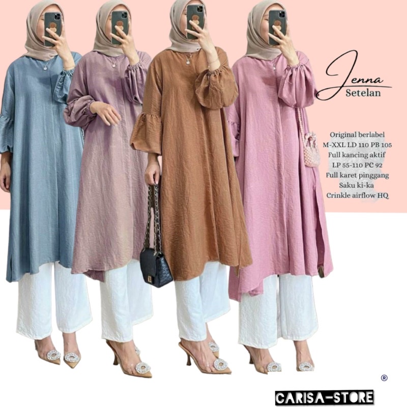 jenna long set crinkle airflow - setelan long tunik lengan balon dan celana kulot