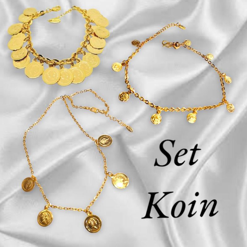 satu set perhiasan gelang kaki, gelang, kalung, perhiasan lapis emas