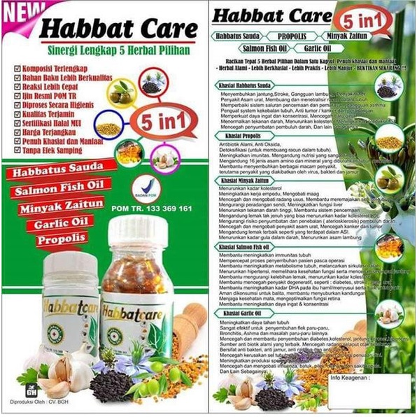 Habbatcare 5 In 1 200 Kapsul HABBAT CARE OBAT HERBAL  Membantu memelihara kesehatan tubuh - Menormalkan kadar gula darah - Mengatasi asam urat dan nyeri pada persendian - Menormalkan tekanan darah tinggi - Memperbaiki fungsi pankreas - Mengatasi nyeri lam