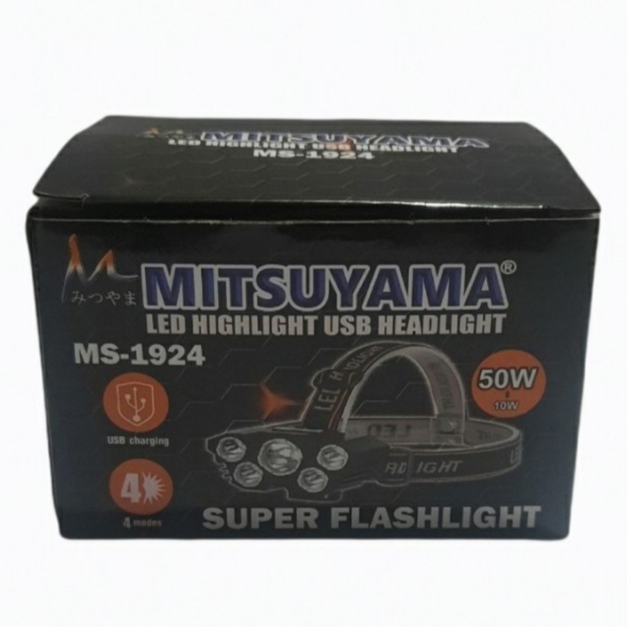 Senter Kepala 50 Watt LED 5 Mata 3 Mode Cahaya Putih Mitsuyama MS-1924