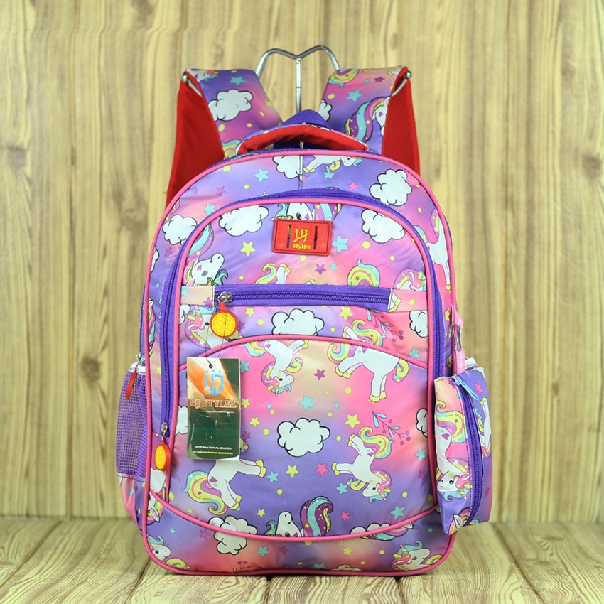 Backpack Sekolah Anak Perempuan Motif Kuda Pony Biru Pink Hitam Ungu Ransel Korean Stylee Tas Anak TK SD Murah UJ STYLEE Free Tempat Pensil Raincover