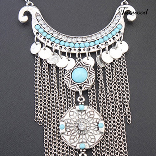 Kalung Rantai Choker Liontin Rumbai Panjang Turquoise Bahan Alloy Gaya Bohemian Untuk Wanita