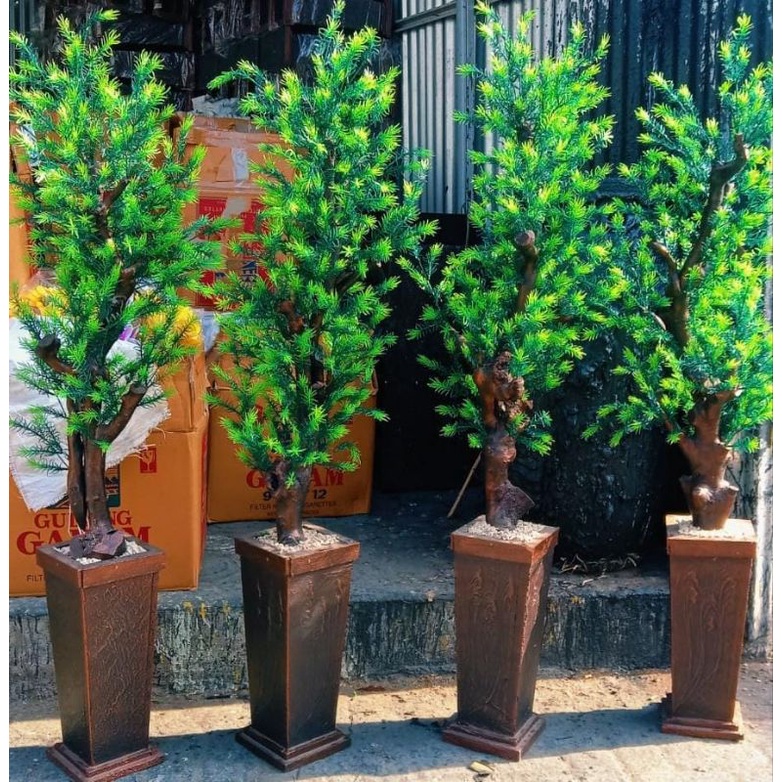 1 SET BUNGA POHON + POT BUNGA SUDUT RUANGAN LENGKAP VAS BATU // POHON CEMARA ARTIFICIAL DEKORASI TIN