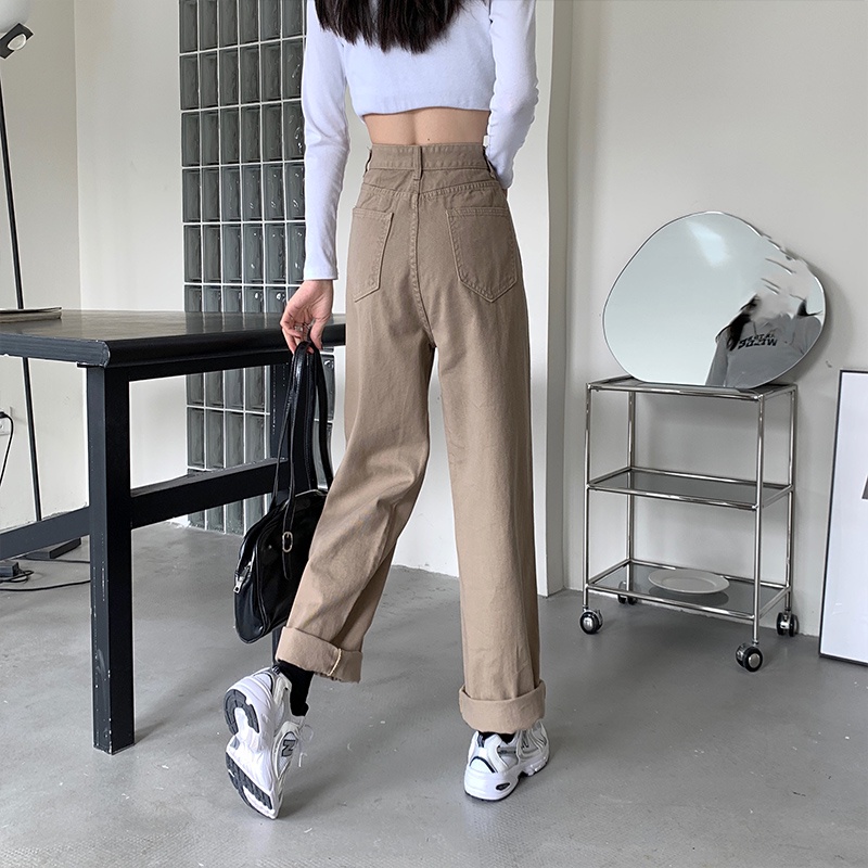 Krem / Khaki / Hitam/Birumuda Highwaist Loose Celana Jeans Wanita Celana Kulot Jeans Kulot 【THE GOOD SISTERS】