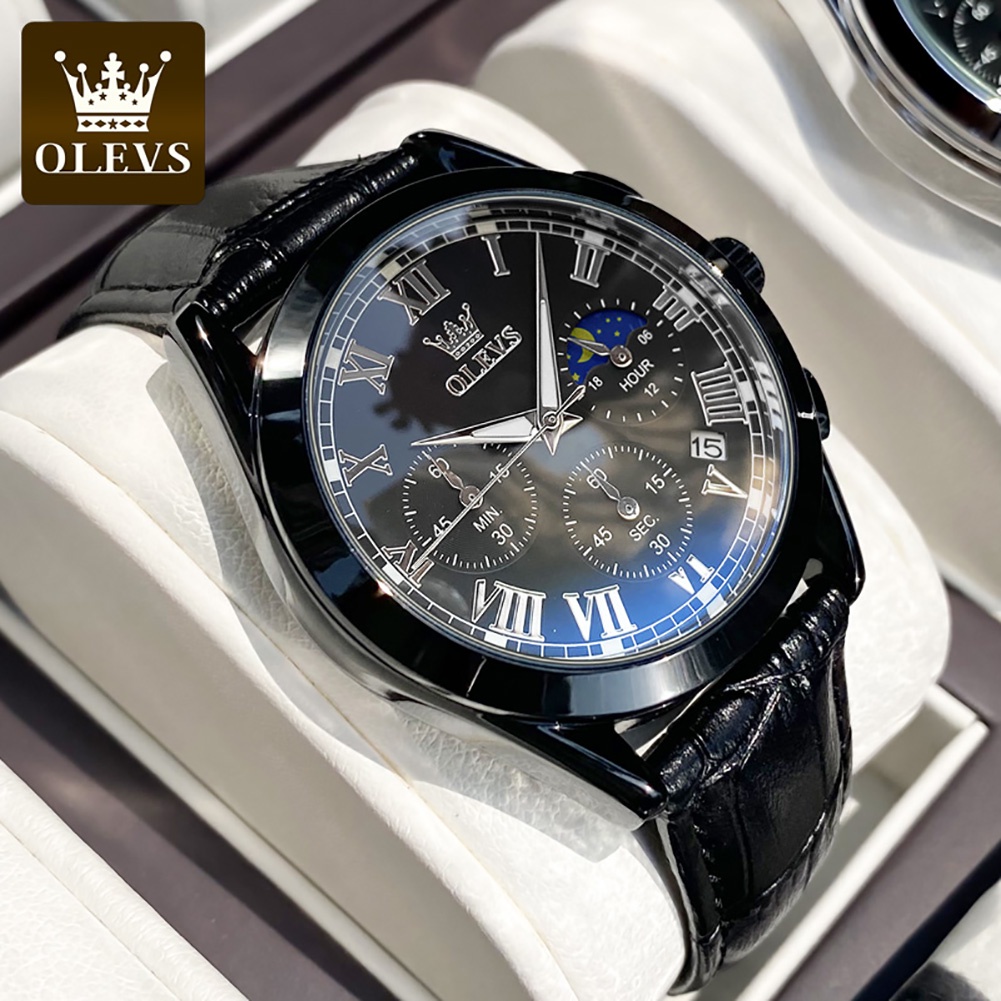 OLEVS Jam Tangan Pria Anti Air Original Cowok Kulit Tahan Keren Led Hitam Coklat Luxury Chronograph 