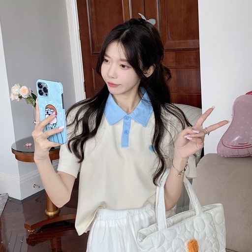 [littlecrab] Kaos Polo Cream Biru Love Bordir Baju Berkerah Motif Simple Elegan Soft Two Tone Color Berkualitas Unik T-shirt Polo Baju Kuliah Kerja Jalan Korean Style