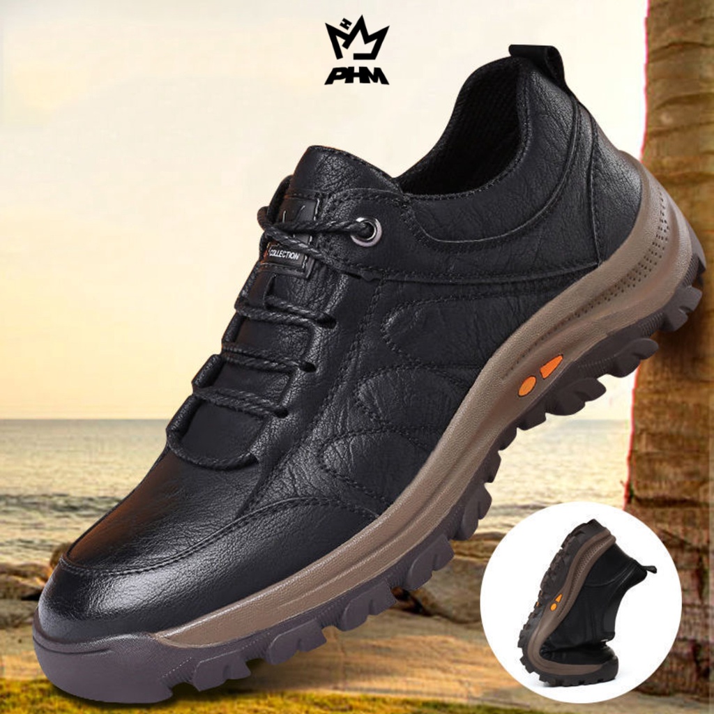 PHM Sepatu Kulit Pria Casual Tahan Air Outdoor Shoes Atlas Hitam