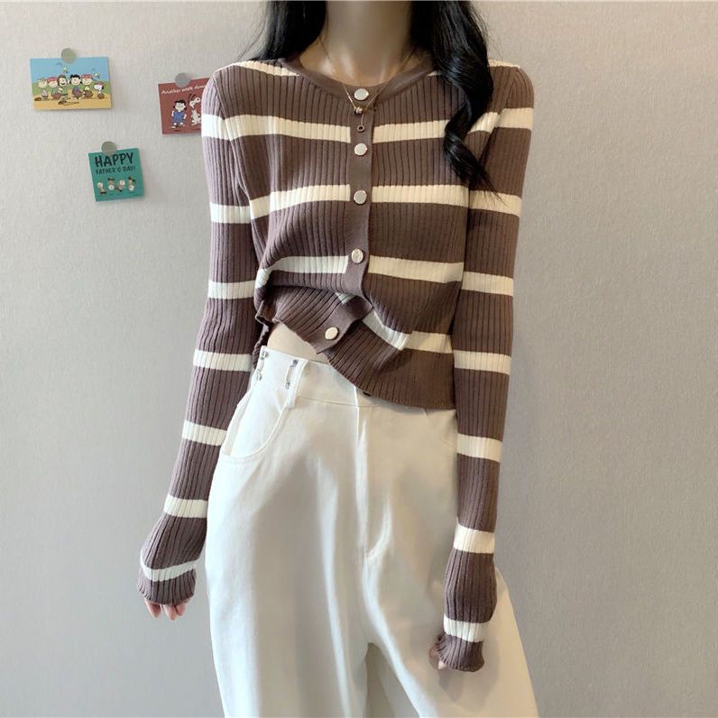 YIU YIU Rajut - Korea Cardigan Rajut Crop Stripe Sweater Cardigan Lengan Panjang