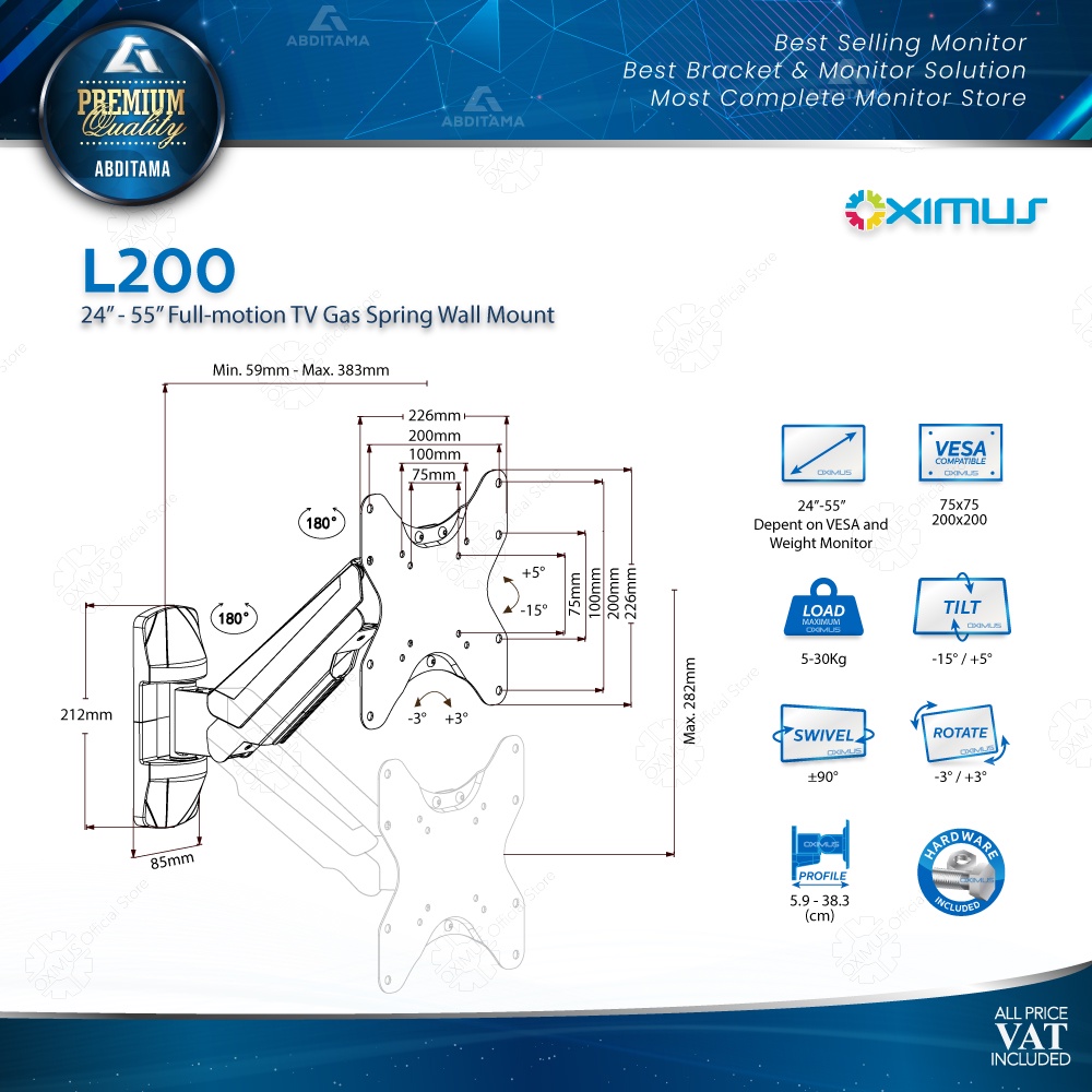 Bracket TV Wall Gas Spring Naik Turun Swivel 24&quot; - 55&quot; OXIMUS L200