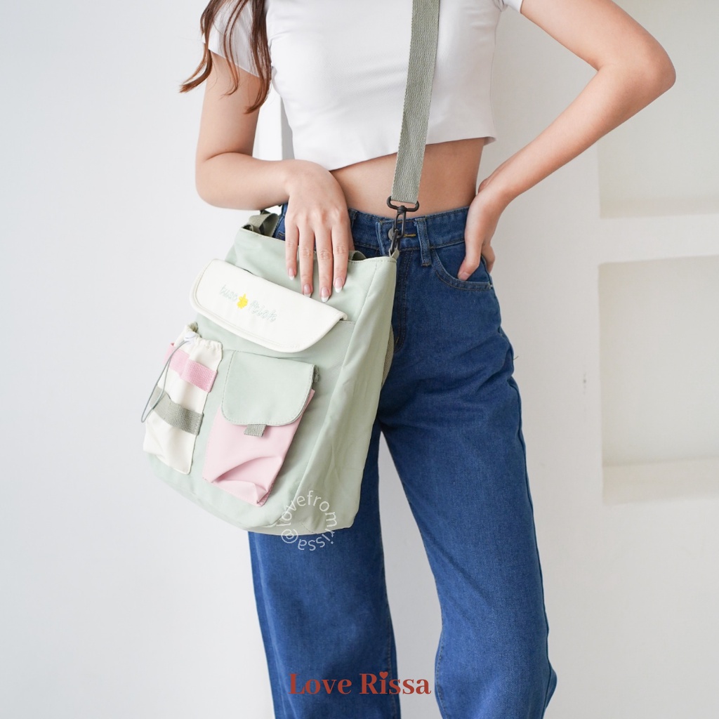 Tas Iris Tas Korean Style Tas Wanita Tas Selempang Tote Bag 2 in 1 Tas Sekolah Tas Cantik Lucu Solid Color Love Rissa