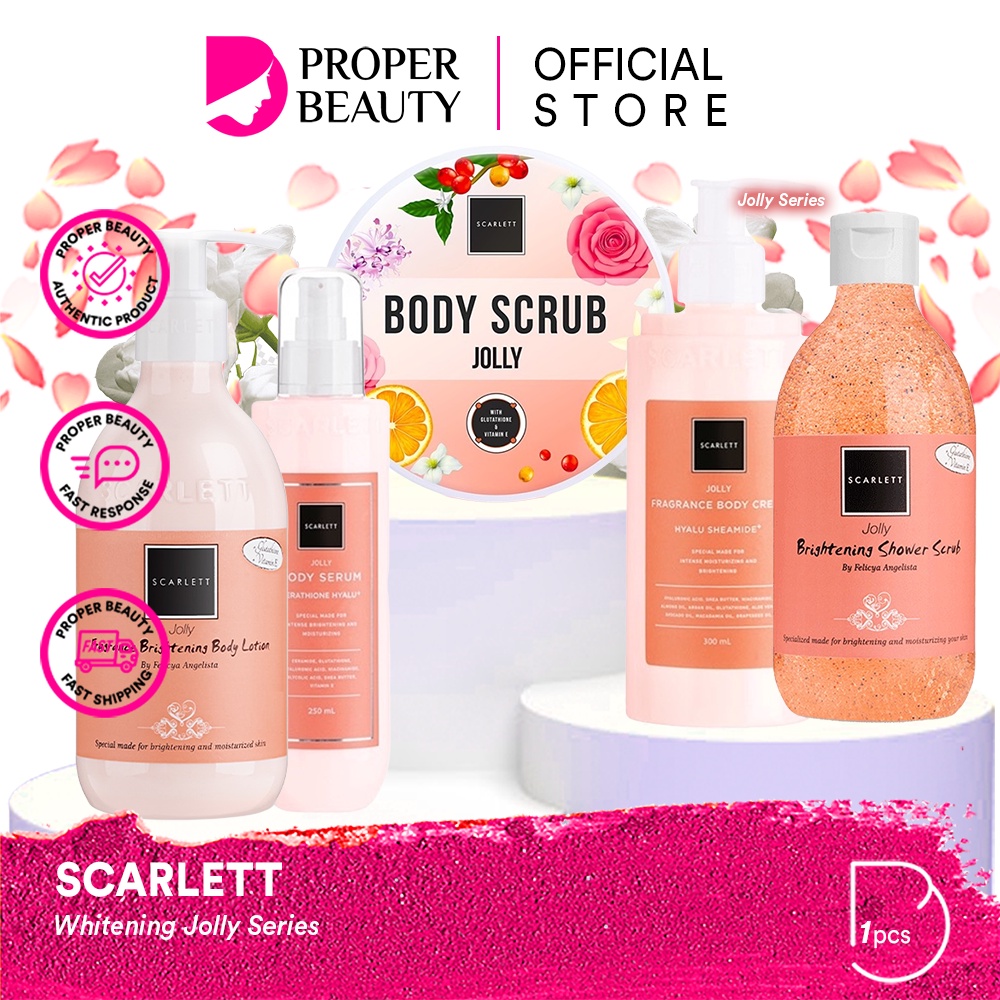 SCARLETT Whitening Jolly Series Indonesia / Body Care / Perawatan Kulit Tubuh / Scrub Brightening Shower Scrub Serum Cerathione Hyalu Fragrance Cream Hyalu Sheamide Lotion 250ml 300ml / Sabun Mandi Moisturizer Pelembab / Skincare Package Paket Lengkap Set