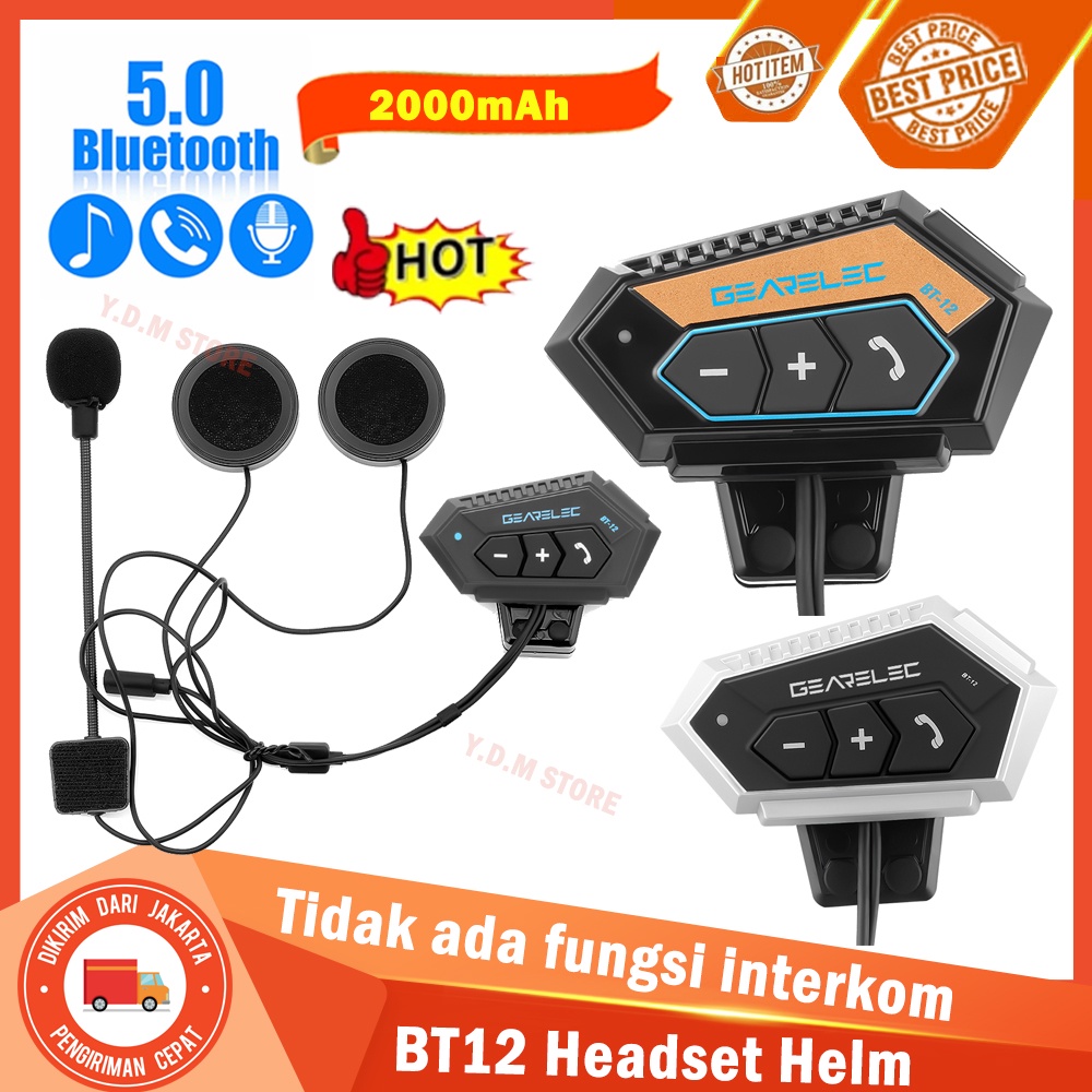 BT12  Bluetooth 5.0 Helm Sepeda Motor Headset Tahan Air Nirkabel dengan Baterai 2000mAh NOT intercom