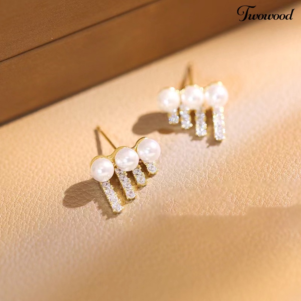 1 Pasang Anting Stud Rumbai Menjuntai Mutiara Berlian Imitasi Berkilau Bentuk Geometris Untuk Wanita