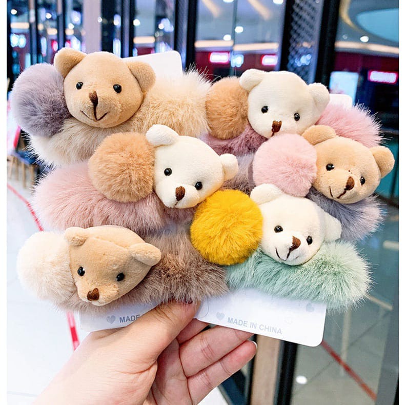 IKAT RAMBUT BULU POMPON BEAR HAIR ACCESSORIES / IKAT RAMBUT WANITA KOREA BEAR BONEKA KUNCIR RAMBUT A