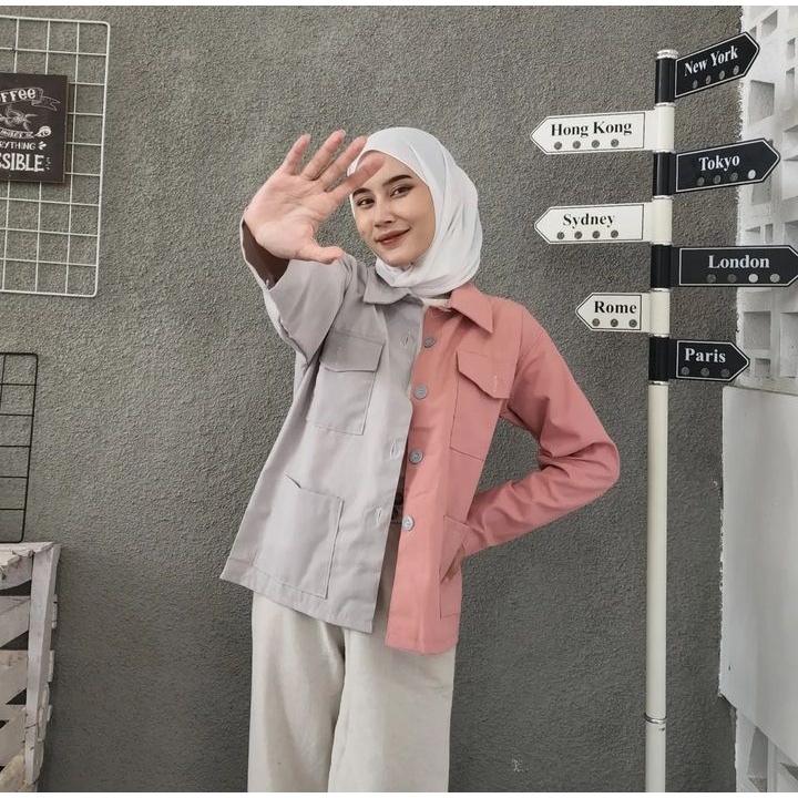 DUSTY MISTY Jacket Outer Kemeja Pocket Wanita Oversize Atasan Kekinian Mix Warna Kasual Style Kekinian