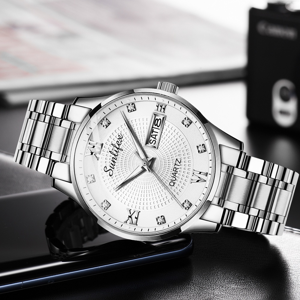 Sunlifex Jam Tangan Pria 9011 Anti Air Kuarsa Original Tali Stainless Steel Calendar Bisnis Santai Jam Tangan Cowok-3