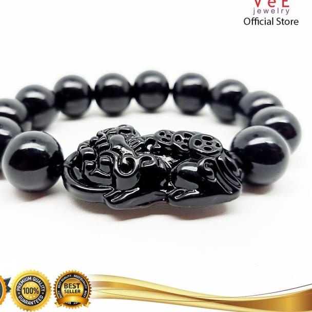 Gelang Batu Giok Hitam Black Jade Cina Asli 13mm Bandul Pixiu - VeE