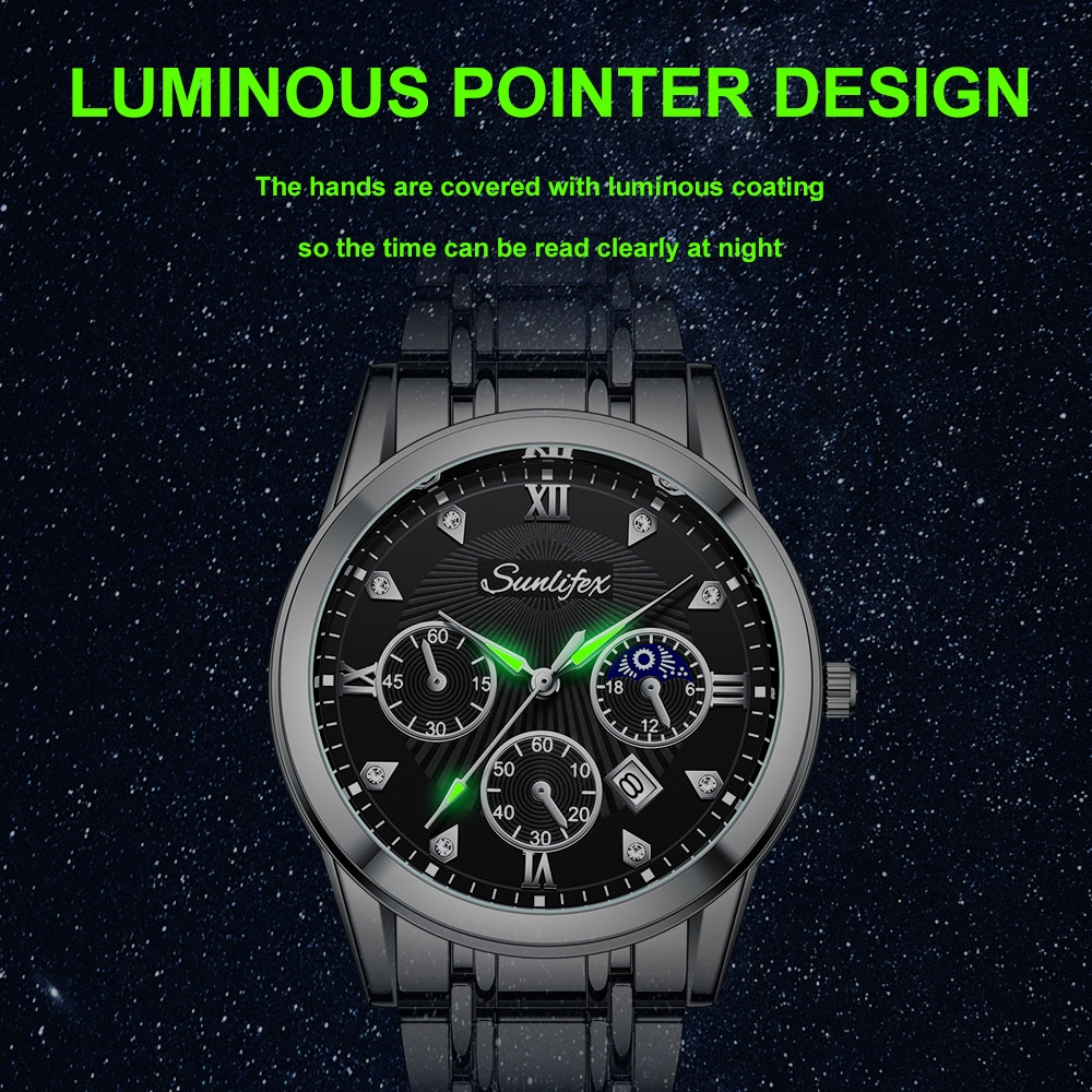 Sunlifex Jam Tangan Pria Original 9004A Kuarsa Calendar Tali Stainless Steel Mode Santai Jam Tangan Cowok-5