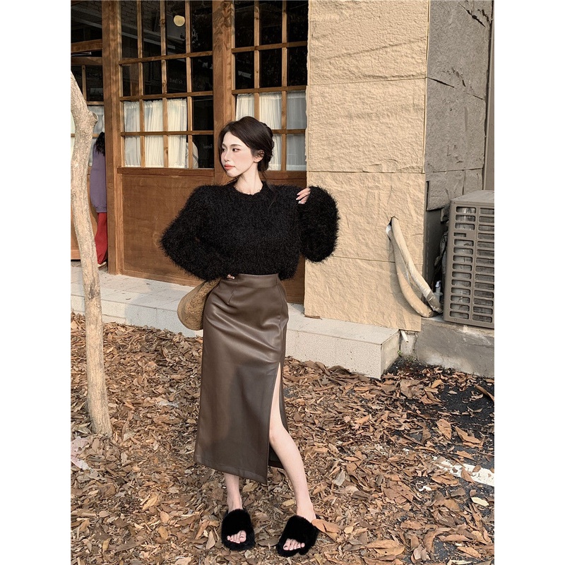 Suhao Hitam Mewah Sweater Wanita Musim Gugur dan Musim Dingin Lembut Lilin Retro Longgar Lengan Panjang Sweater Top Slim Pinggang Tinggi rok