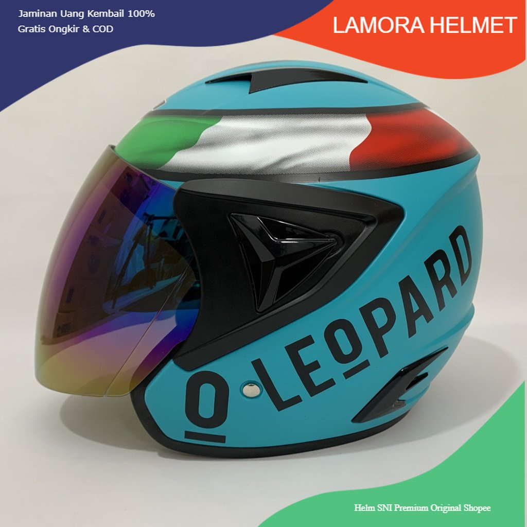 Helm JP 13 Leopard Tosca Doff - Kaca Pelangi Rainbow / Iridium / Silver / Clear - Helm Pria Dewasa