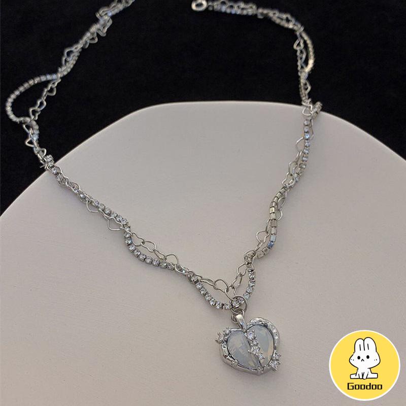 Kalung Rantai Multilayer Liontin Hati Aksen Zircon Untuk Perhiasan Wanita -Doo