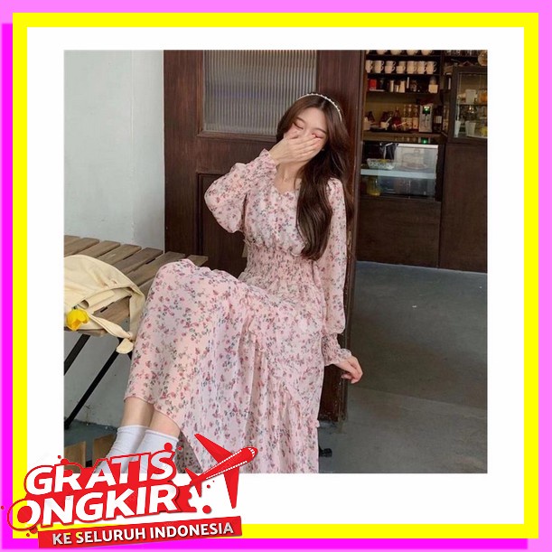 Senja/Siska Midi Bahan Cringkle/Airflow [Jessica]Dress Motif Tunik Bunga Sifon Lengan Panjang Import