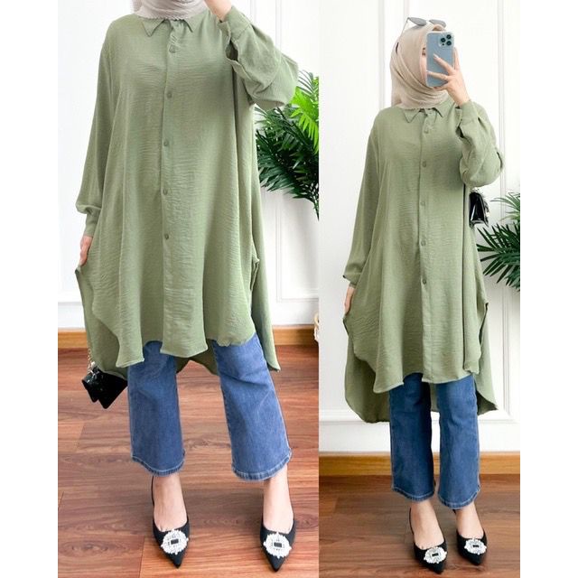 TUNIK MATCHA CRINKLE FULL KANCING - KALINA