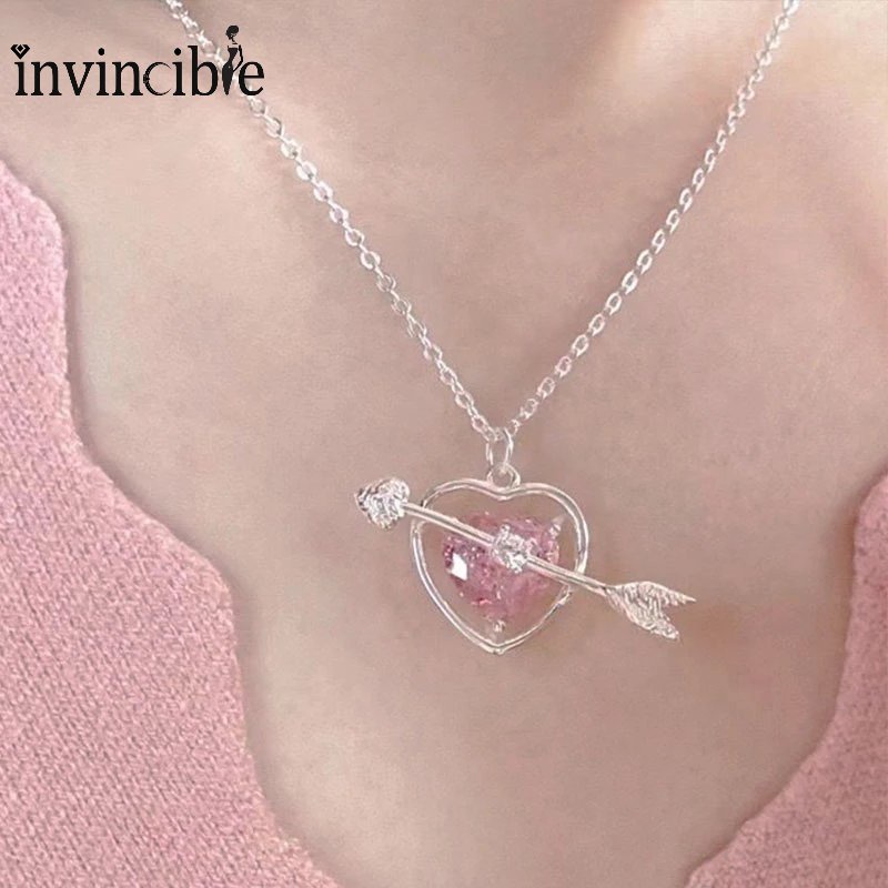 Kalung Rantai Klavikula Hias Liontin Hati Kristal Warna Pink