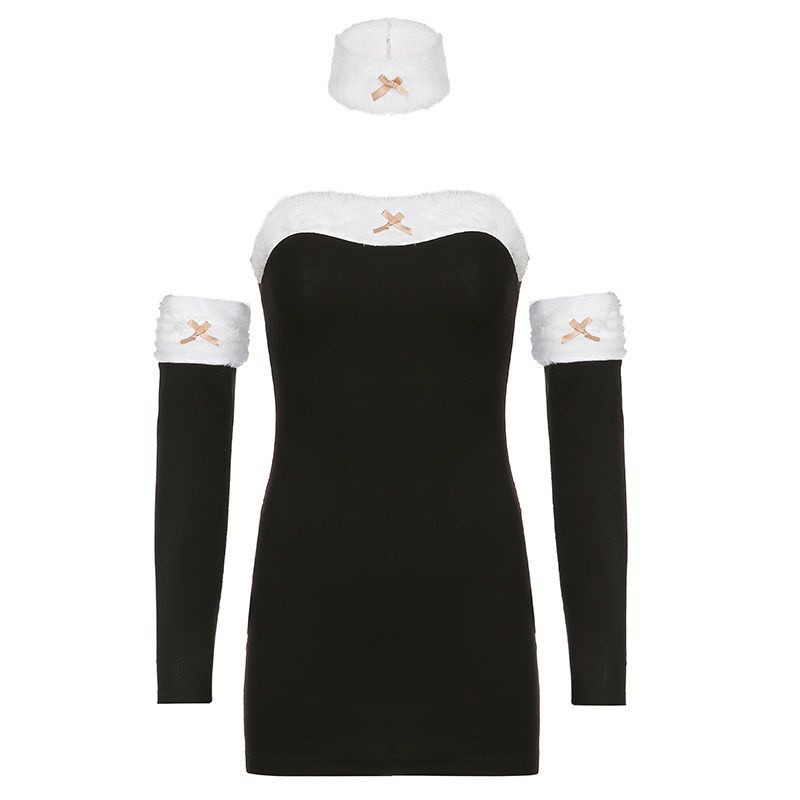 Red Rapcopter Natal Mewah Rajutan Gaun + Lengan + Leher Set Perempuan Slim Sexy Hip Rok