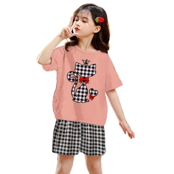 VF - Setelan Anak Perempuan Kombinasi Katun Kotak Usia 1-7 tahun