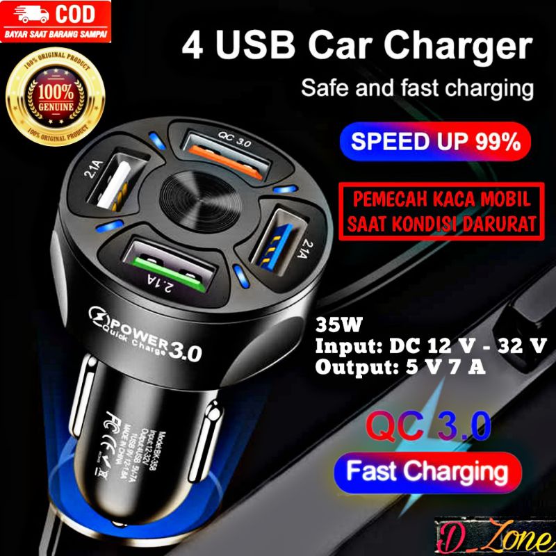 Taffware Charger Mobil 4 Port Fast Charging QC 3.0 Car Charger USB 4 Port QC3. 0 35W 7A Cas Mobil