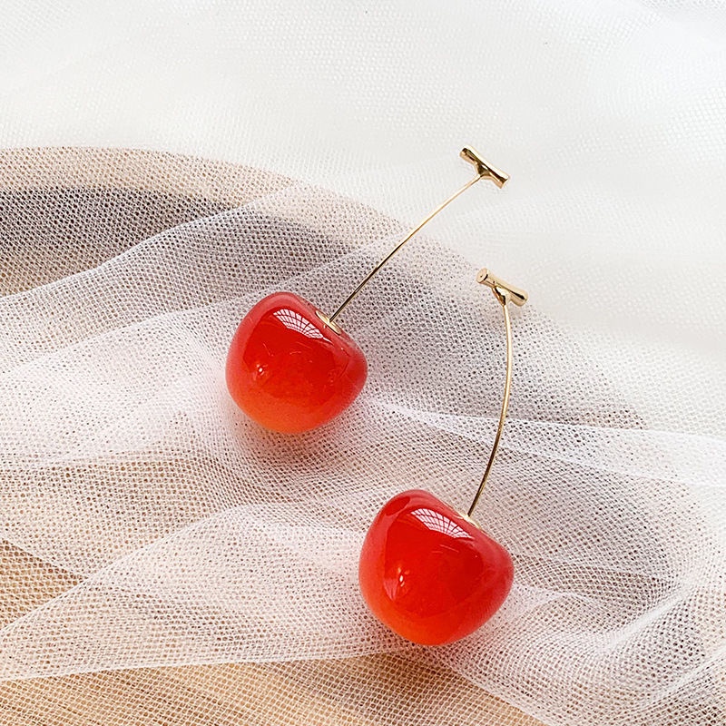 Anting Tusuk Gantung Panjang Desain Buah Ceri Merah Gaya Korea / Simple / Unik Untuk Wanita