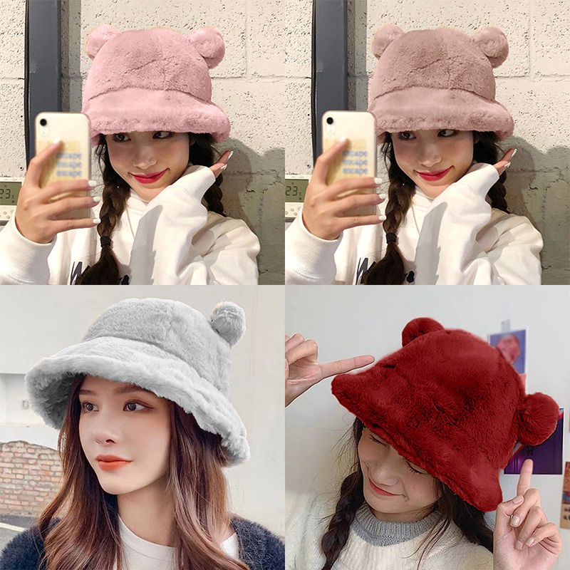 Topi Lucu Topi Mewah Topi Musim Dingin Topi Nelayan Gaya Korea Rambut Kelinci Topi Beruang Kecil