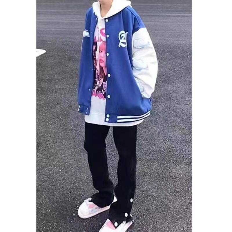 Suhao berdada hitam slit jeans wanita berpinggang tinggi kaki lurus kepribadian jalan BF angin menggantungkan rasa desain ceruk lebar kaki celana