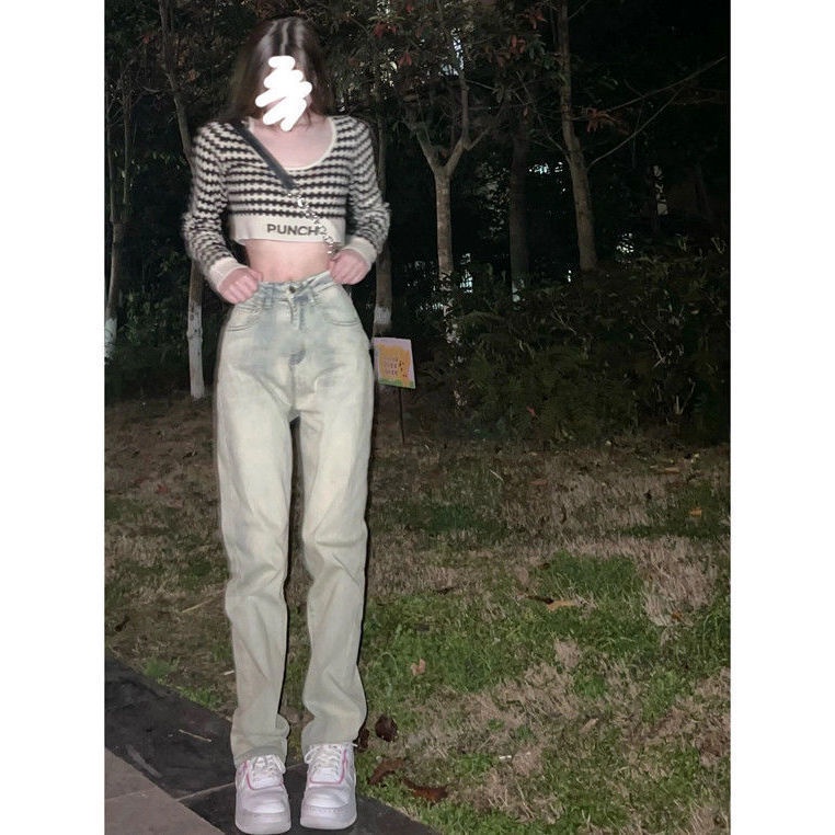 Suhao gaya getaran Eropa dan Amerika retro celana lurus longgar wanita pinggang tinggi lumpur kuning dicelup celana jins hot gadis celana ramping pasang