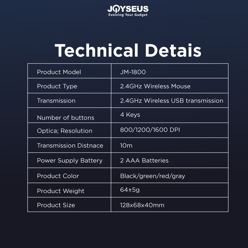 JOYSEUS Wireless Mouse Gaming 1800DPI USB Computer 2.4GHz (Original 100%)