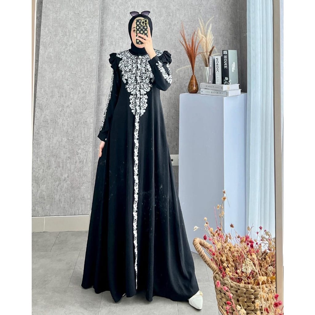 Baju Gamis Kekinian Delova Dress Kondangan Jumbo Busana Muslim Wanita Terbaru Busui Friendly Matt Crinkle AirFlow Aksen Bordir