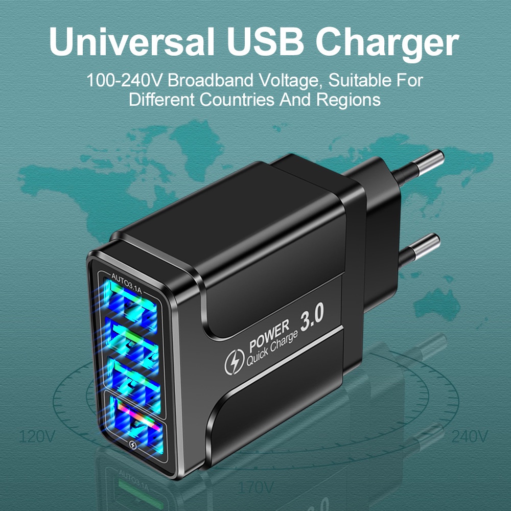 Adapter Charger Dinding 4 Port USB QC 3.0 Fast Charging Untuk Iphone 13 14 Tipe C Android