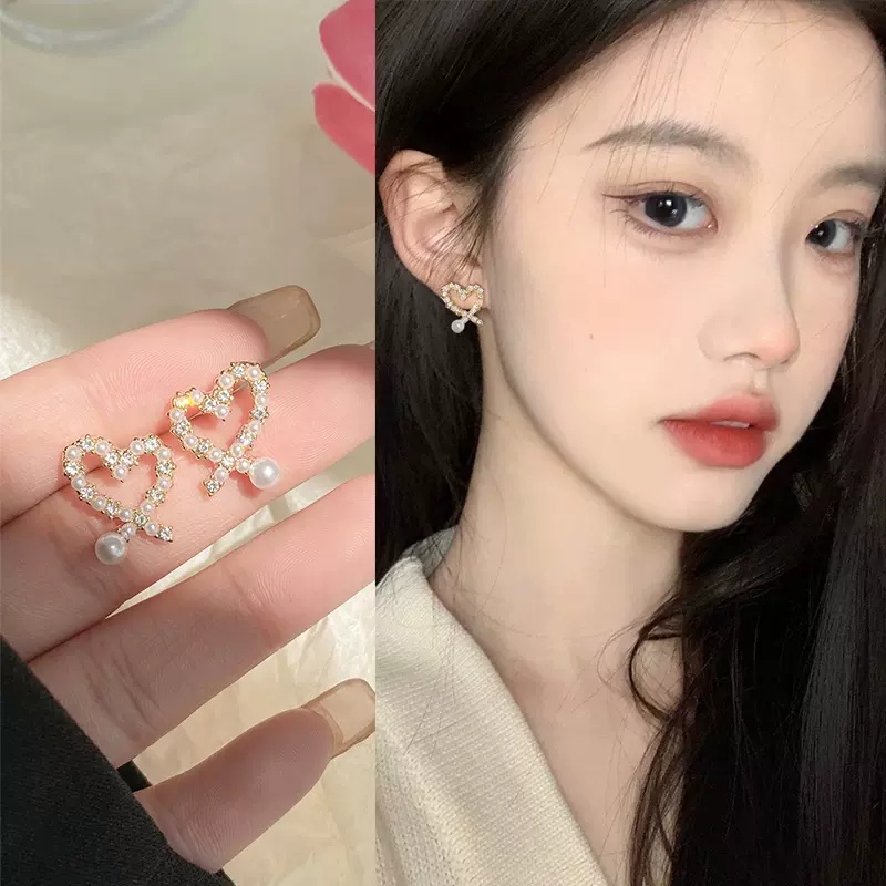 Roselife Anting Tusuk Gantung Wanita Desain Hati Hollow Hias Zircon + Mutiara Gaya Korea Untuk Hadiah