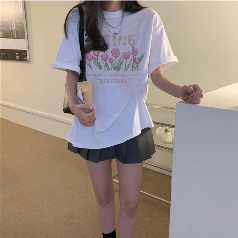 Print T-shirt Kaos Lengan Pendek Wanita Tulip Oversize Korean Style